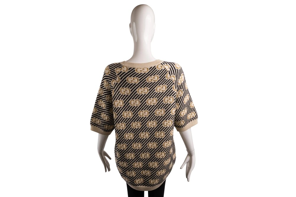Gucci Cream Black Gold GG Stripe Short Sleeve Sweater Wool Knit Size S - Picture 4 of 7